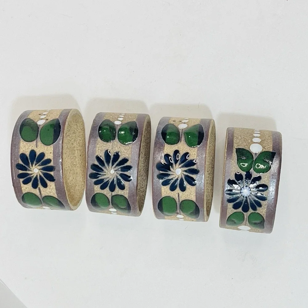Mexican Tonala Pottery Napkin Rings Flower Rust Green Leaves  - Set‎ of 4
